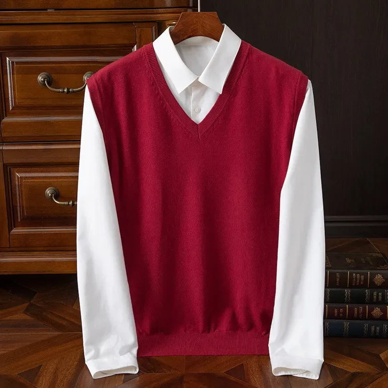 Cashmere Knitted Sweater Vest Men's Clothing V-neck Solid Color Pullover Camisole Bottom Spring Autumn Tops-Style Heaven