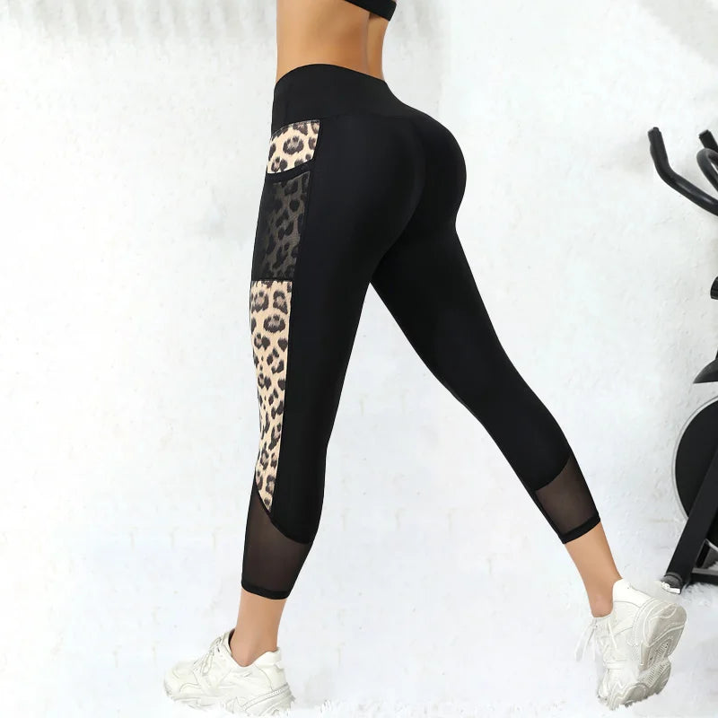 Marble Print Butt Lifting Sports Capri Leggings With Pockets, High Waisted Yoga Tight Capri Pants, Women's Activewear