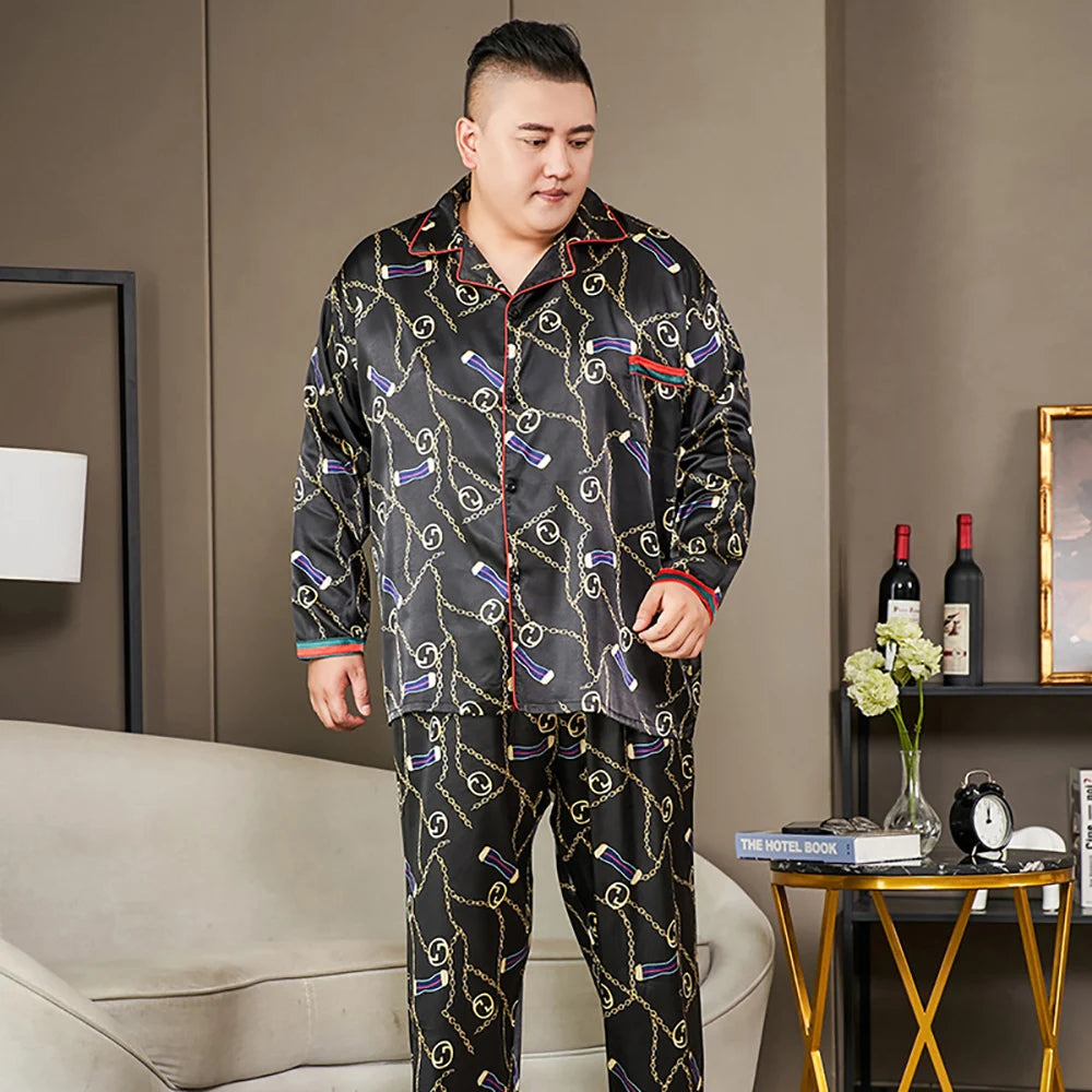 5XL Big Size Pajamas For Men 165KG Spring Summer Ice Silk Satin Cool Pajama Man Set Casual Loose Luxury Print Sleepwear Pijama-Style Heaven