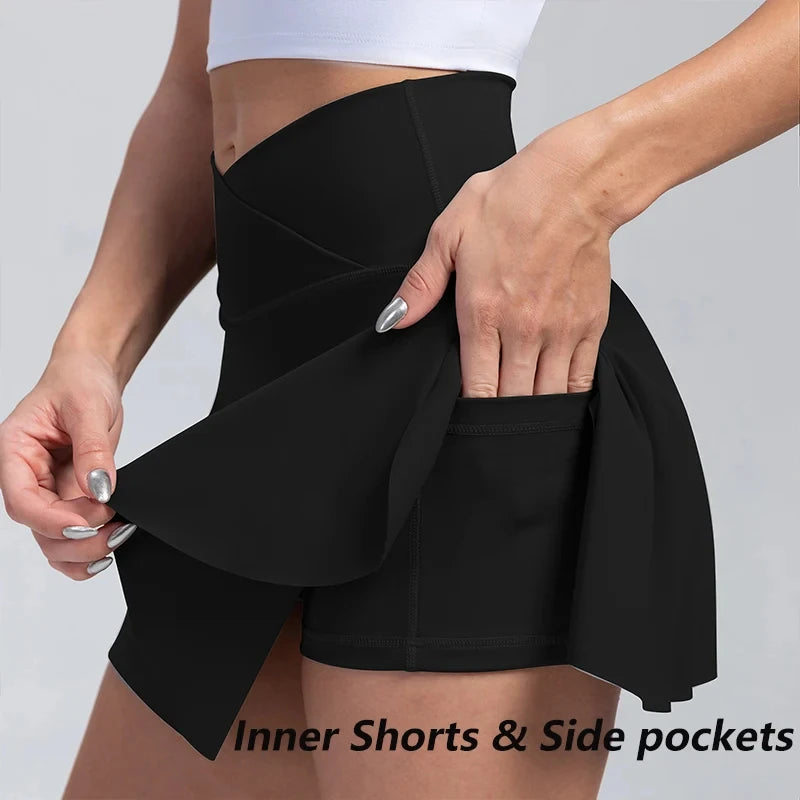 Gym Tennis Skirt Women Skinny Stretch High Waist Pockets Fitness Skirt Running Outdoors Activewear Skirt