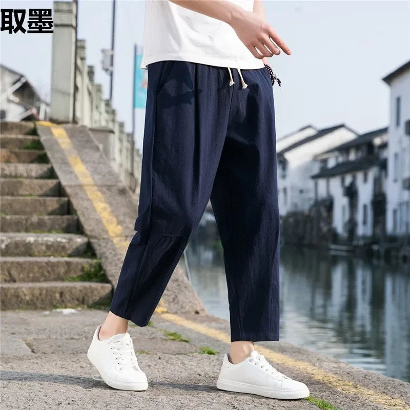 New Style Men's Cotton Linen Pants Summer Thin Loose Fit Bell Bottoms Casual Pants Simple Cropped Pants For Men - Clothing in ##color## by Style Heaven | High-Quality & Trendy Fashion