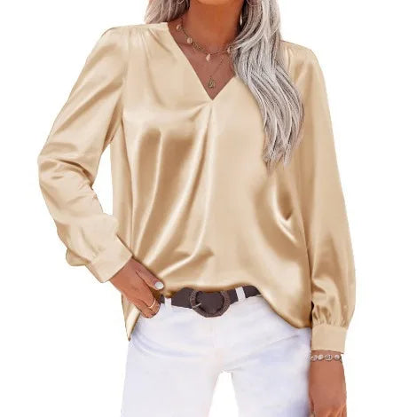 Elegant Women's Satin Imitation Silk Long Sleeve Shirt Autumn/Winter Solid Office Lady Lapel Button Blouse Women Clothing S-XXL-Style Heaven