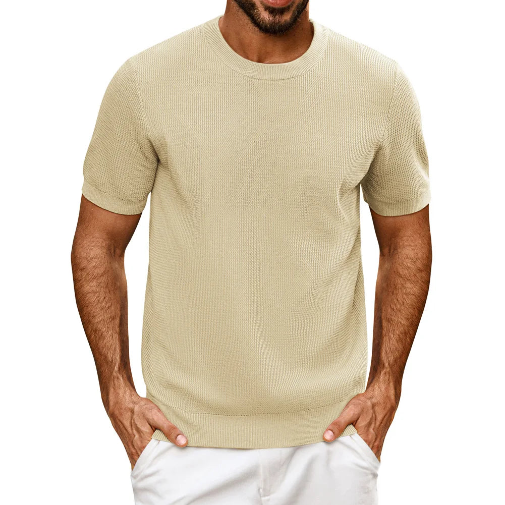 PJ Men Gentleman Basic Textured Knitted T-Shirt Short Sleeve Crew Neck Tops Knitwear High Stretch Fashion - Clothing Tops in ##color## by Style Heaven | High-Quality & Trendy Fashion