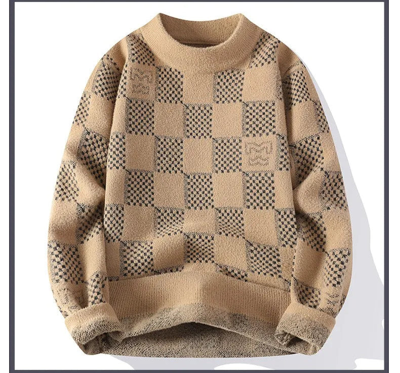 New Checkered Knitted Sweater American Trendy Men's Tops Classic Autumn Knitted Hoodie Fashionable Slimming Harajuku-Style Heaven