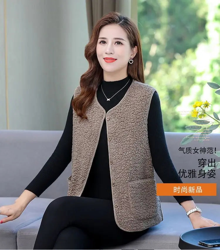 Women Autumn and Winter Fashion New Granular Fleece Coat Solid Color Button Pockets Splicing Warmth Versatile Sleeveless Vest