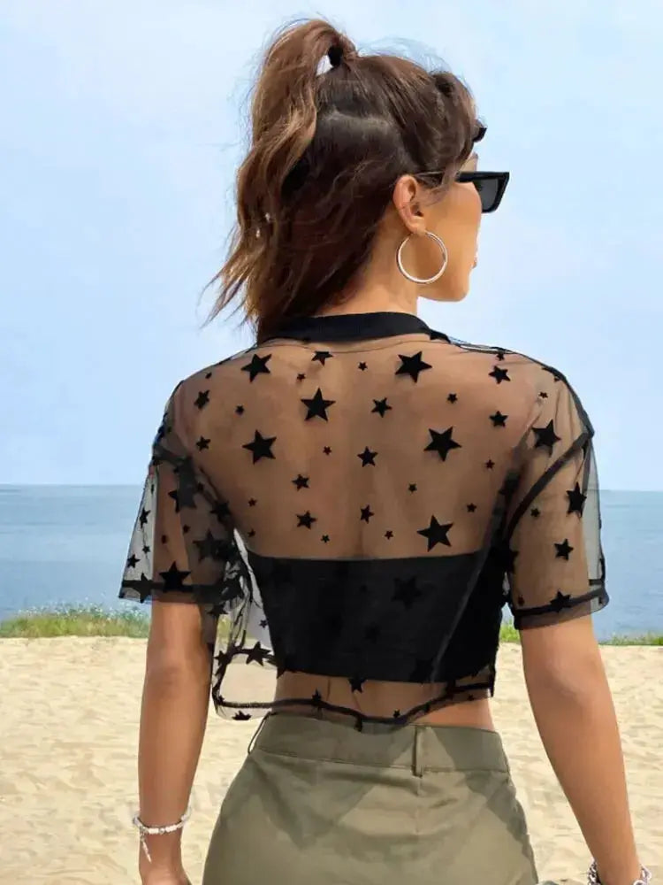 Summer Outfits Star Print Drop Shoulder Crop Mesh Top Without Camisole-Style Heaven