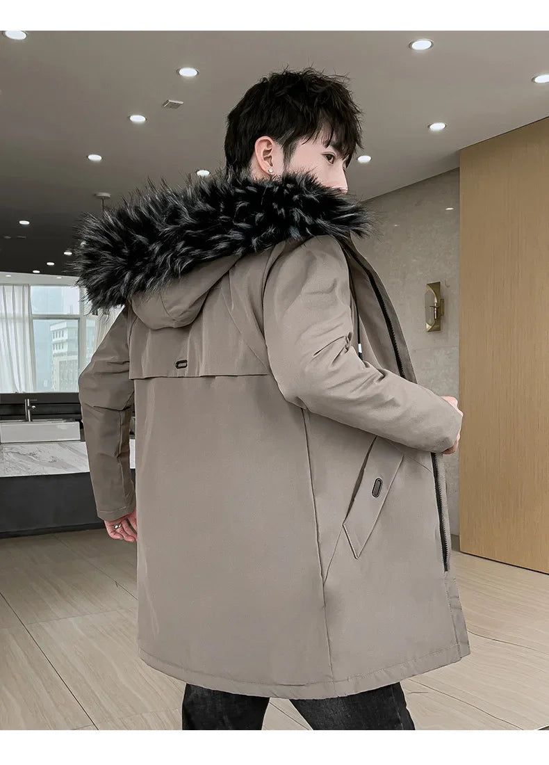 New Men's Medium-Length Thickened Cotton Jacket With Hoodie Warm Anti-Cold Loose Fit From China Mainland For All Seasons-Style Heaven