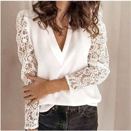 Spring/Summer New V-neck Commuter Shirt Spliced with Lace Solid Casual Long Sleeve Slim Fit Bottom for Women's Wear-Style Heaven