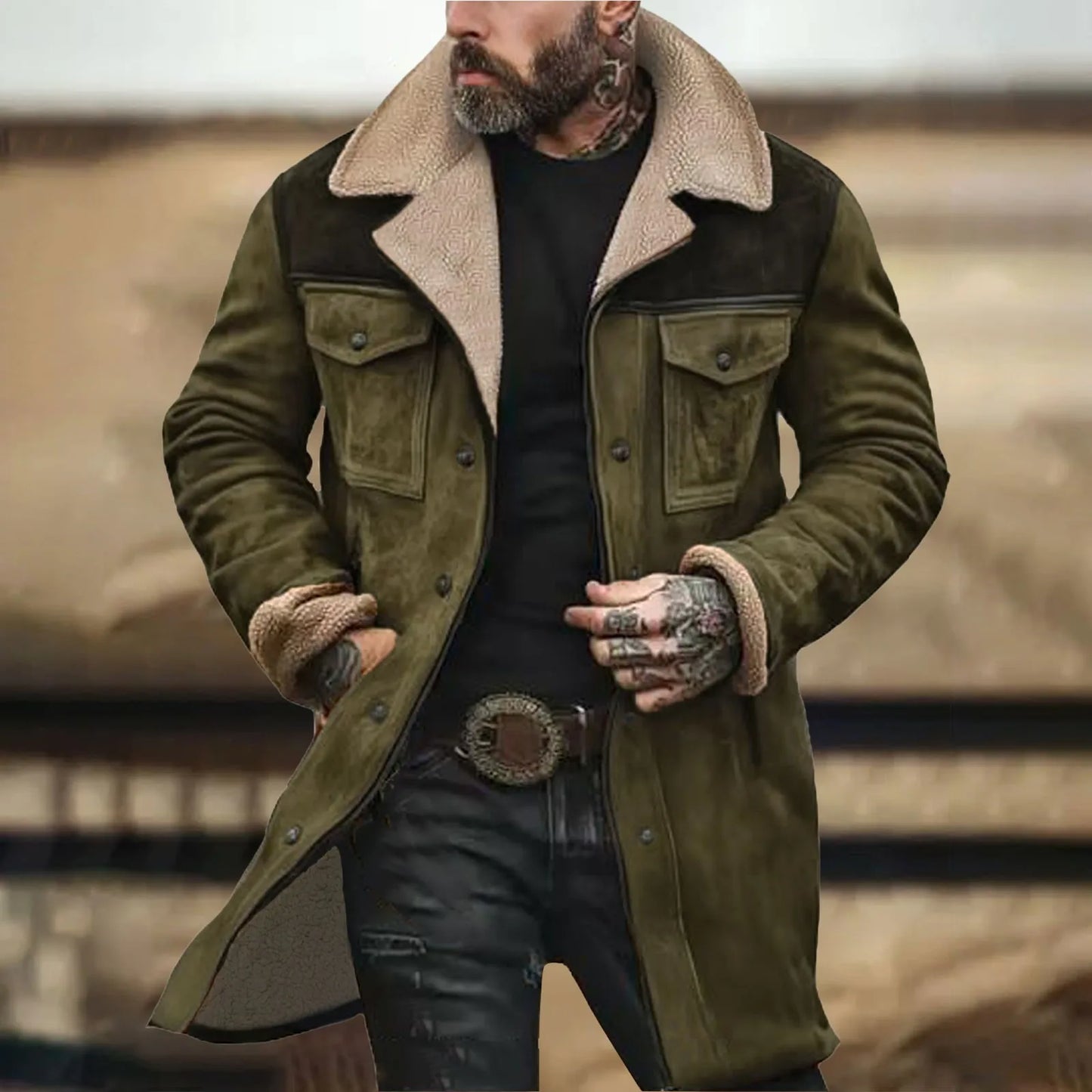 Mens Winter Warm Fleece Jackets Medium Long Jacket With Pockets Vintage Casual Street Jacket Overcoat Male Outerwear Tops-Style Heaven