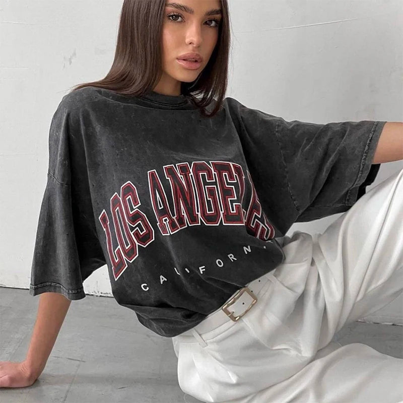 Acid Washed T Shirt Women Vintage Cotton T-shirts Streetwear Soft Mineral Tees Girl Loose Luxury Brand Tops Y2k