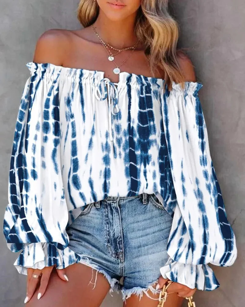 Sexy Slash Neck Off The Shoulder Strapless Lace Up Long Sleeve Floral Print Blouse Tops Summer Lady OL Workwear Blouse Shirts-Style Heaven