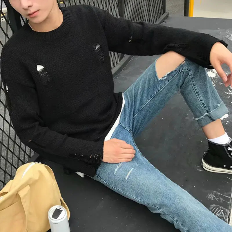 Men Women Streetwear Hip Hop Pullovers Jumper Fashion Oversized All-match Men Spring Wash Hole Ripped Knit Sweaters-Style Heaven