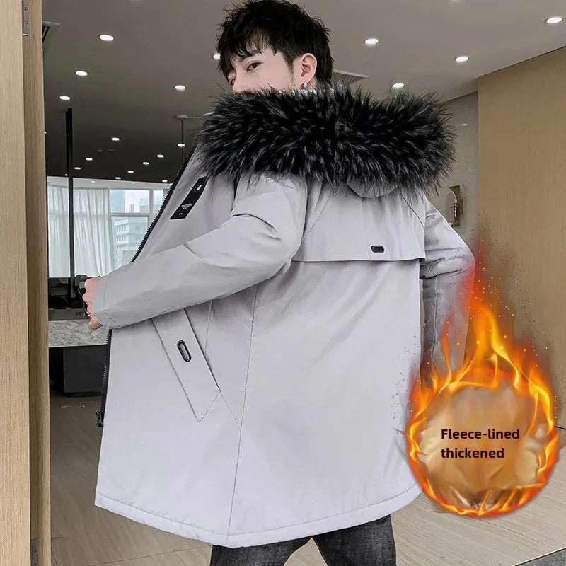 Outerwear - New Men's Medium-Length Thickened Cotton Jacket With Hoodie Warm Anti-Cold Loose Fit From China Mainland For All Seasons