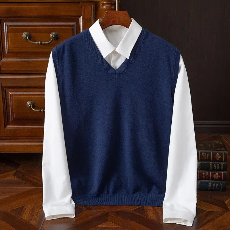 Cashmere Knitted Sweater Vest Men's Clothing V-neck Solid Color Pullover Camisole Bottom Spring Autumn Tops-Style Heaven