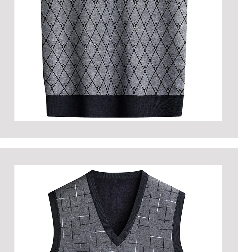 Men‘s V-neck Sweater Vest Autumn Winter Fleece Lining Knit Waistcoat Warm Homme Clothes Fashion Pullover-Style Heaven