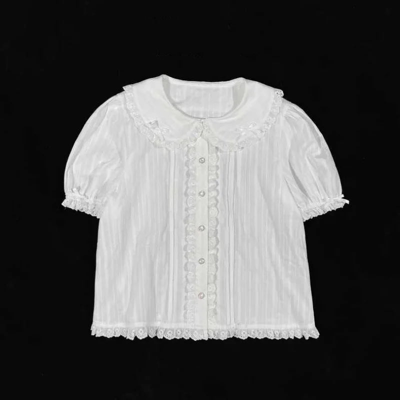 Summer White Lolita Style Japanese Sweet Chemises Femme Peter Pan Collar Short Sleeve Ruffles Camisa Women Y2k Loose Shirt-Style Heaven