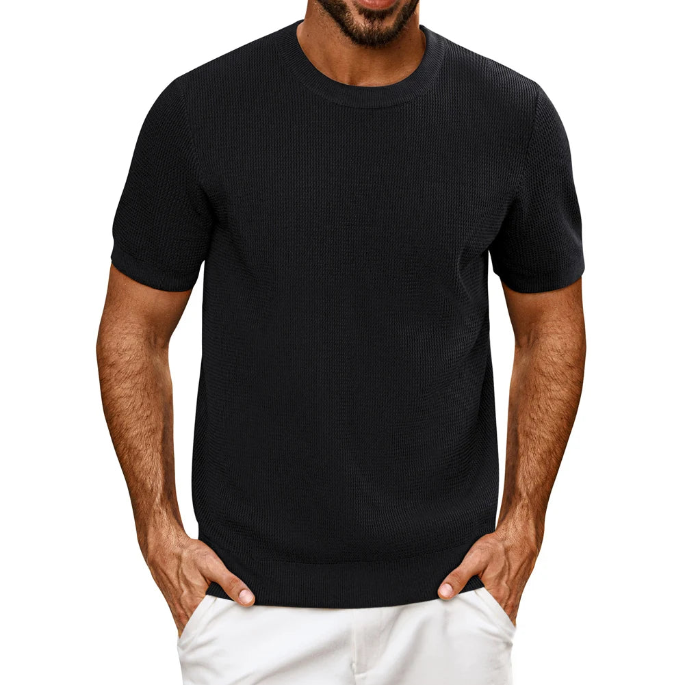 PJ Men Gentleman Basic Textured Knitted T-Shirt Short Sleeve Crew Neck Tops Knitwear High Stretch Fashion - Clothing Tops in ##color## by Style Heaven | High-Quality & Trendy Fashion