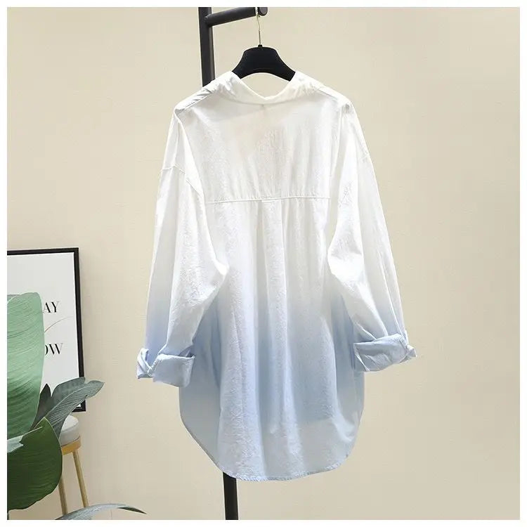 100% Pure Cotton Gradient Long Sleeved Shirt Spring Autumn New Casual Loose Loose Blouse Tops Commuting Trendy Clothes for Women-Style Heaven