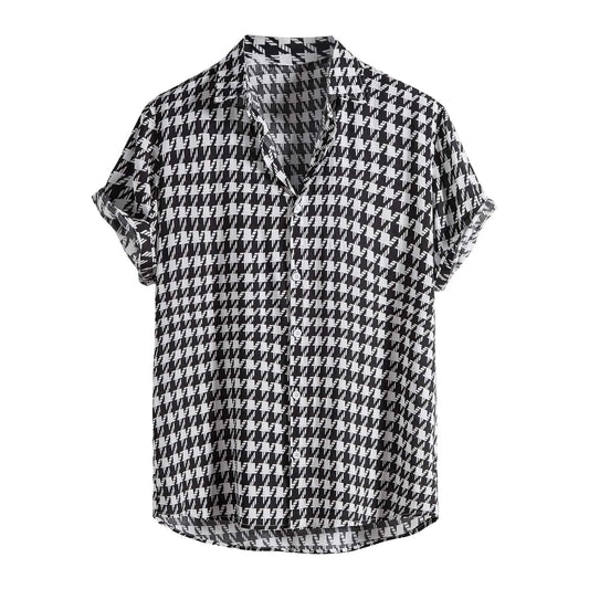 2024 Men Short Sleeve Casual Loose Blouse Summer Houndstooth Plaid Shirts For Men Hawaiian Short Sleeve Beach Button Up Blouse