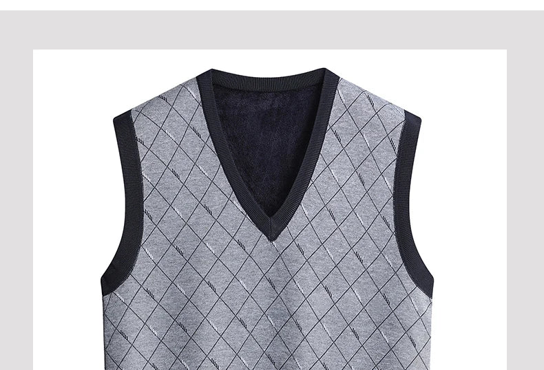 Men‘s V-neck Sweater Vest Autumn Winter Fleece Lining Knit Waistcoat Warm Homme Clothes Fashion Pullover-Style Heaven