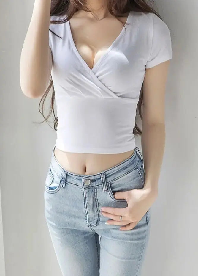 New Summer Black Sexy V-neck T-shirt Short Sleeve Y2k Crop Top Women Clothes Streetwear Korean Fashion Corset Tops T-shirts-Style Heaven