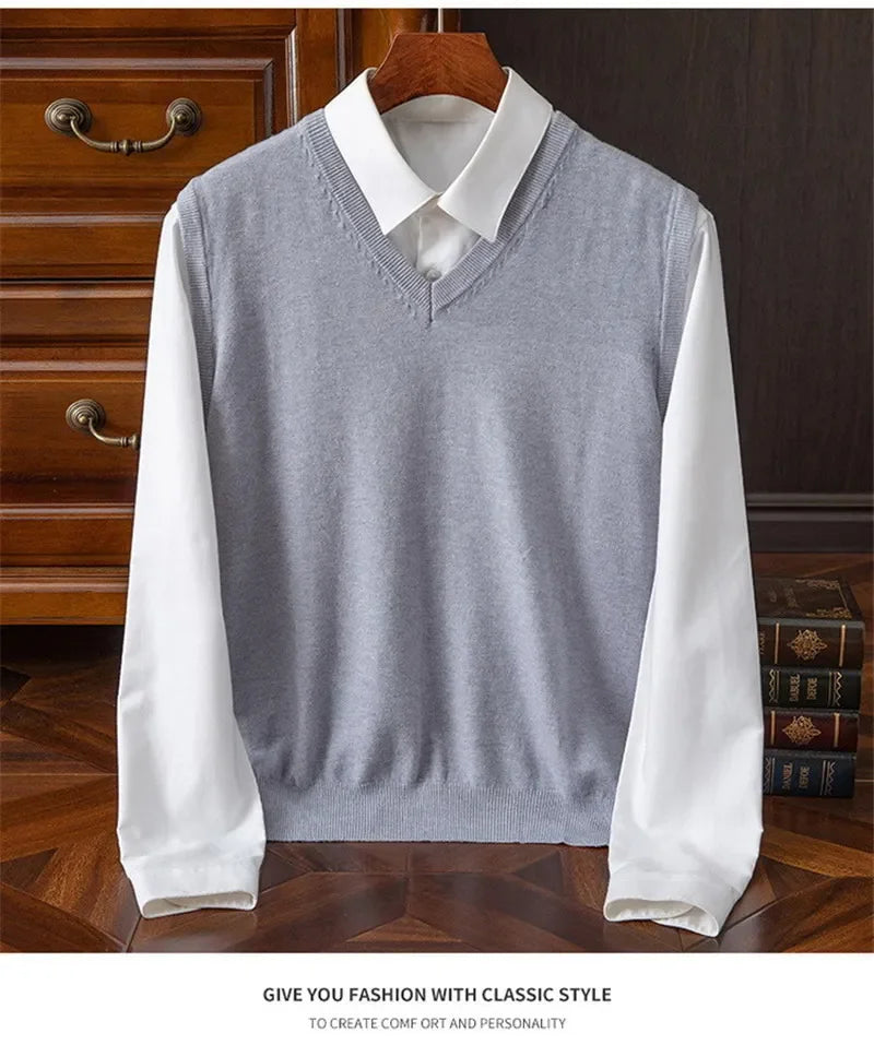 Cashmere Knitted Sweater Vest Men's Clothing V-neck Solid Color Pullover Camisole Bottom Spring Autumn Tops-Style Heaven