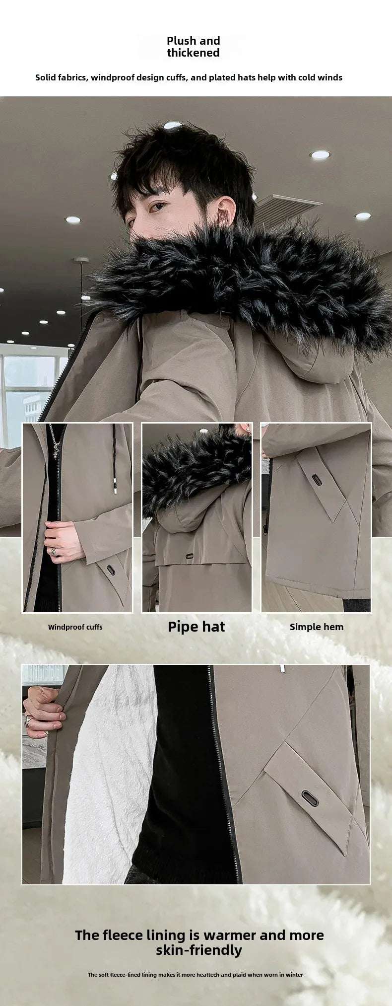 Outerwear - New Men's Medium-Length Thickened Cotton Jacket With Hoodie Warm Anti-Cold Loose Fit From China Mainland For All Seasons