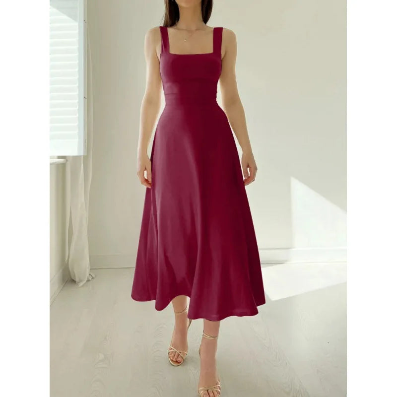 2025 Women Summer Dress Square Collar New Thick Shoulder Straps Slim Waist Dresses Solid Temperament Elegant Female Vestidos-Style Heaven