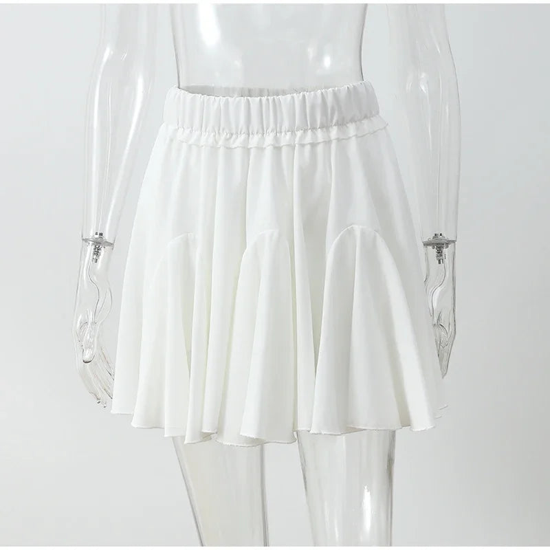 Elegant Chic White Ruffles Mini Skirt For Women Fashion Pleated Fluffy High Waist Skirts 2024 New Female Party Club Streetwear