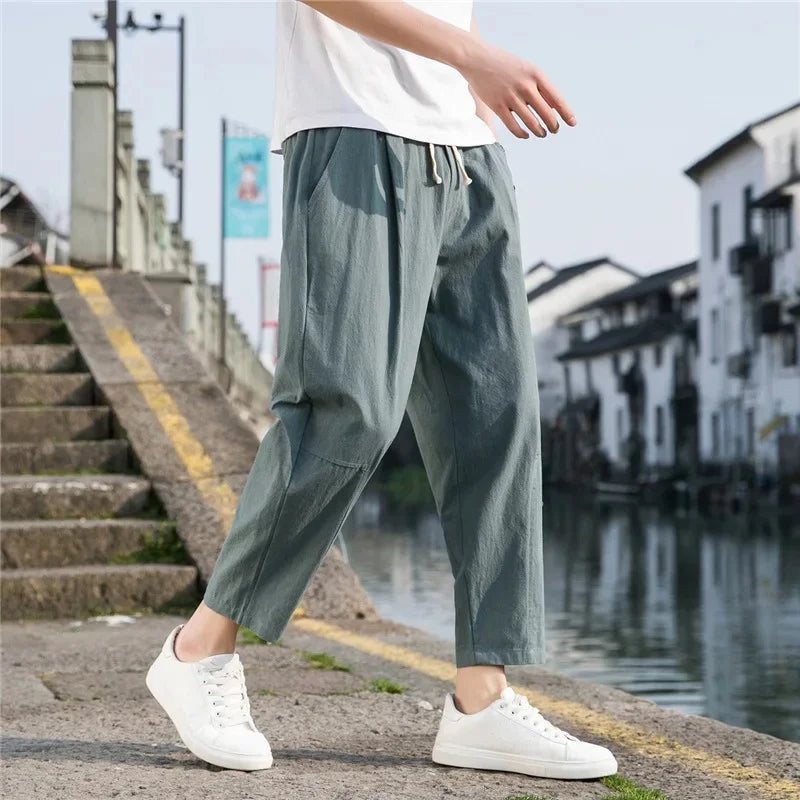 New Style Men's Cotton Linen Pants Summer Thin Loose Fit Bell Bottoms Casual Pants Simple Cropped Pants For Men - Clothing in ##color## by Style Heaven | High-Quality & Trendy Fashion