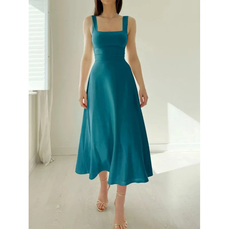 2025 Women Summer Dress Square Collar New Thick Shoulder Straps Slim Waist Dresses Solid Temperament Elegant Female Vestidos-Style Heaven