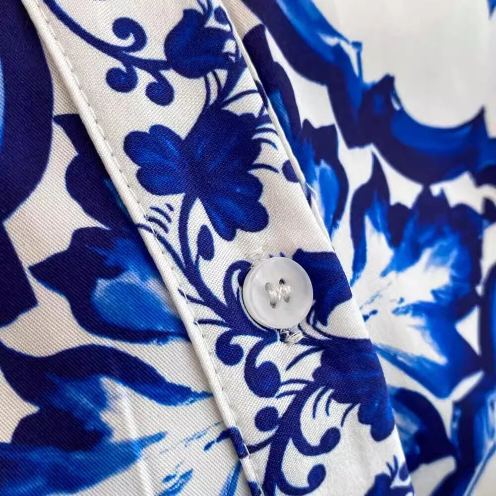 2025 Summer Blue White Porcelain Print Long Dress Shirt Women Single Breasted Flying Sleeve Elegant Floral Party Maxi Vestidos-Style Heaven