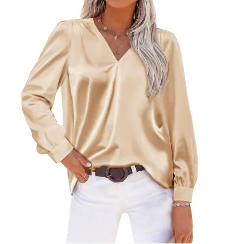 Elegant Women's Satin Imitation Silk Long Sleeve Shirt Autumn/Winter Solid Office Lady Lapel Button Blouse Women Clothing S-XXL-Style Heaven