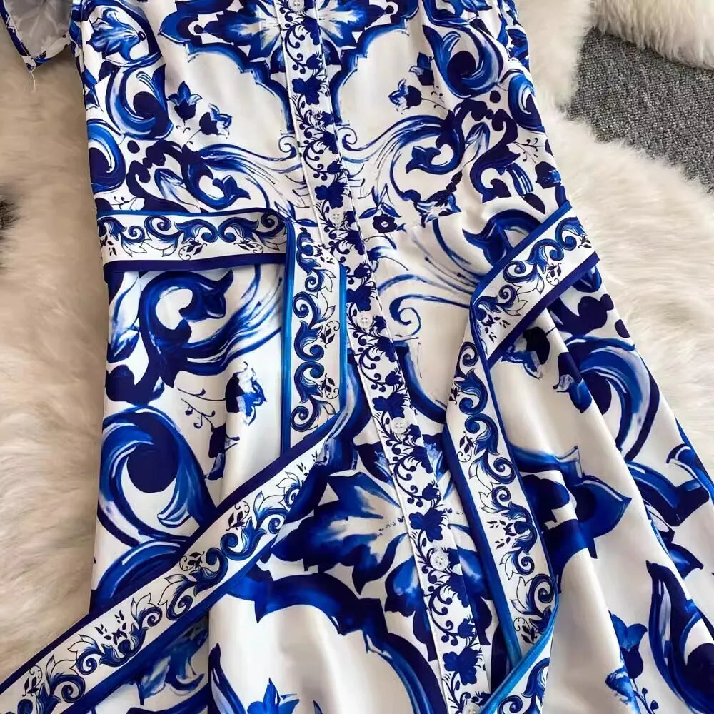 2025 Summer Blue White Porcelain Print Long Dress Shirt Women Single Breasted Flying Sleeve Elegant Floral Party Maxi Vestidos-Style Heaven