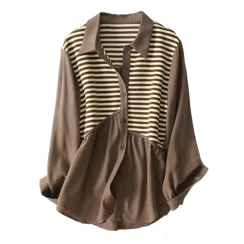 Spring And Summer Single-Breasted Shirt Loose Knitted Stitching Casual Long-Sleeved Shirt Women 150 KG-Style Heaven