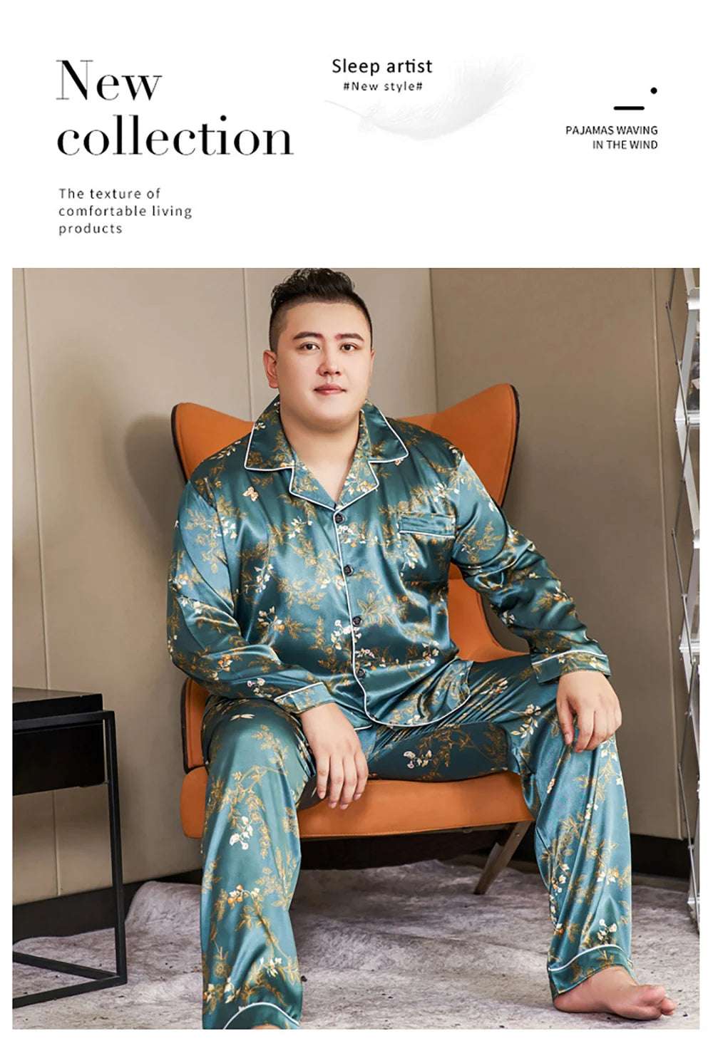 Sleepwear & Loungwear - 5XL Big Size Pajamas For Men 165KG Spring Summer Ice Silk Satin Cool Pajama Man Set Casual Loose Luxury Print Sleepwear Pijama