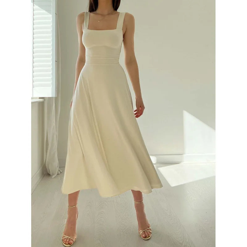 2025 Women Summer Dress Square Collar New Thick Shoulder Straps Slim Waist Dresses Solid Temperament Elegant Female Vestidos-Style Heaven