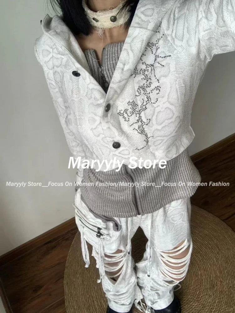 Autumn Punk Vintage Patchwork Hoodie Sweaters Y2k Slim Fit Long Sleeve Knitted Tops Mujer New Cardigan Coat Sweatshirts-Style Heaven