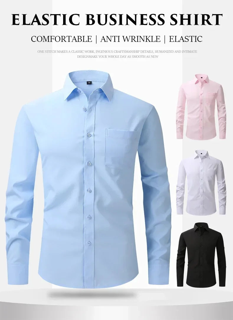 US Size Elastic Shirt New Men's Business and Leisure Long Sleeved Shirt Slim Fit Professional Dress Best-selling Seasonal Style - Clothing Tops in ##color## by Style Heaven | High-Quality & Trendy Fashion