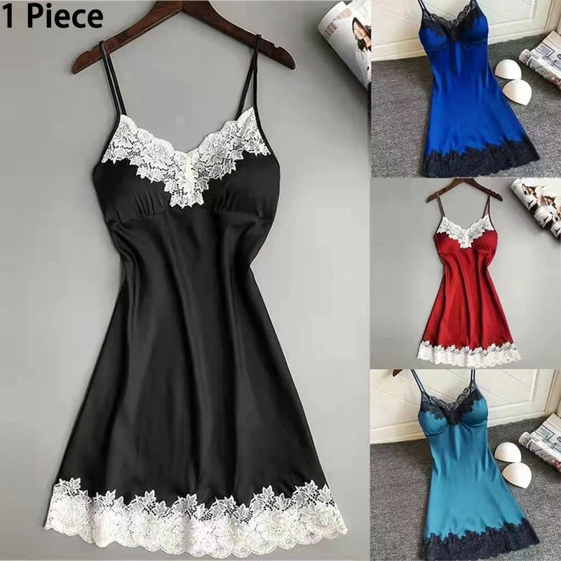 1 Piece Pajamas Halter Nightgown Thin Section with Bra Pads Lace Edge Silk Loungewear Multicolor Ice Silk Furniture Nightgowns