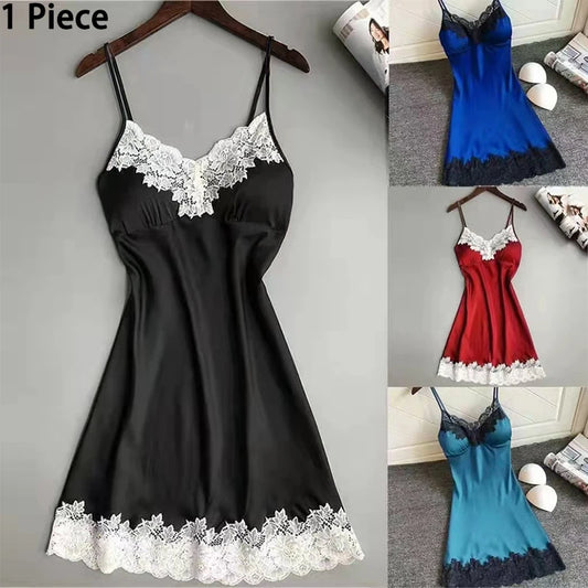 1 Piece Pajamas Halter Nightgown Thin Section with Bra Pads Lace Edge Silk Loungewear Multicolor Ice Silk Furniture Nightgowns