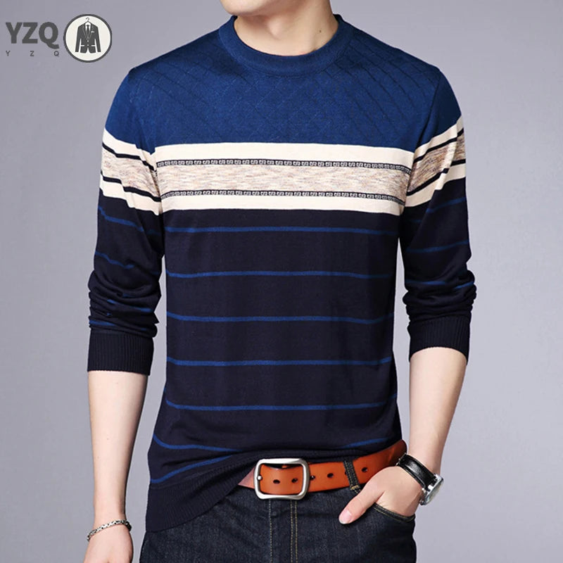 Men's Casual Striped Knit Spring and Autumn Long Sleeved Pullover Fashion Top-Style Heaven