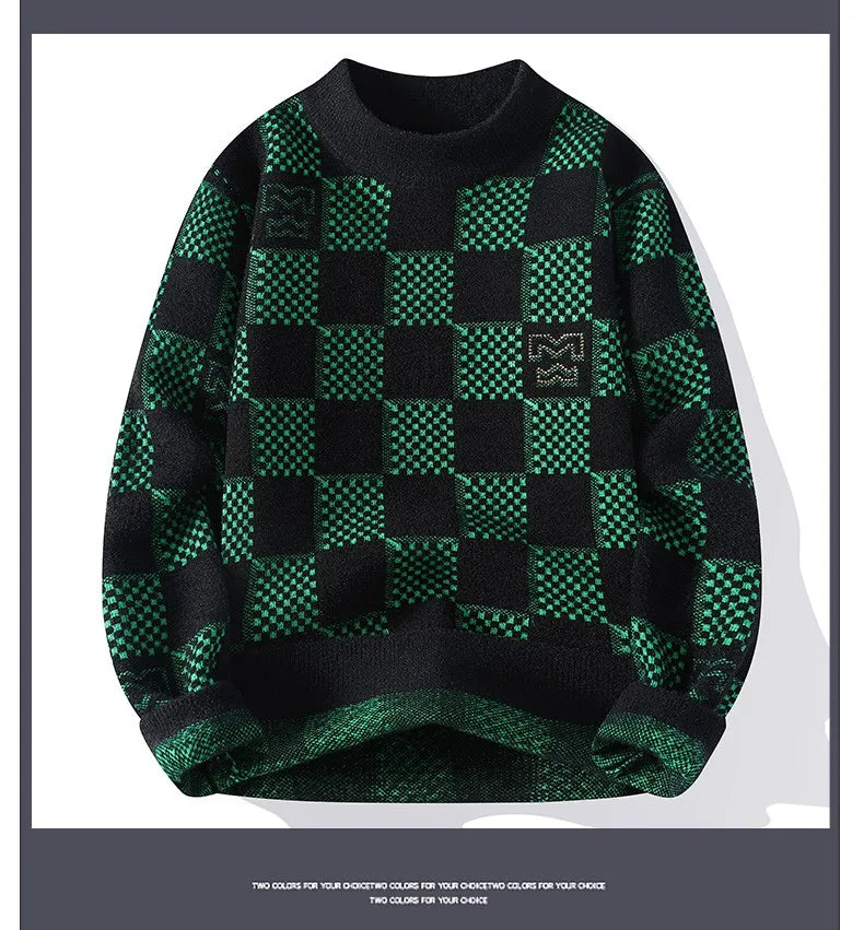 New Checkered Knitted Sweater American Trendy Men's Tops Classic Autumn Knitted Hoodie Fashionable Slimming Harajuku-Style Heaven