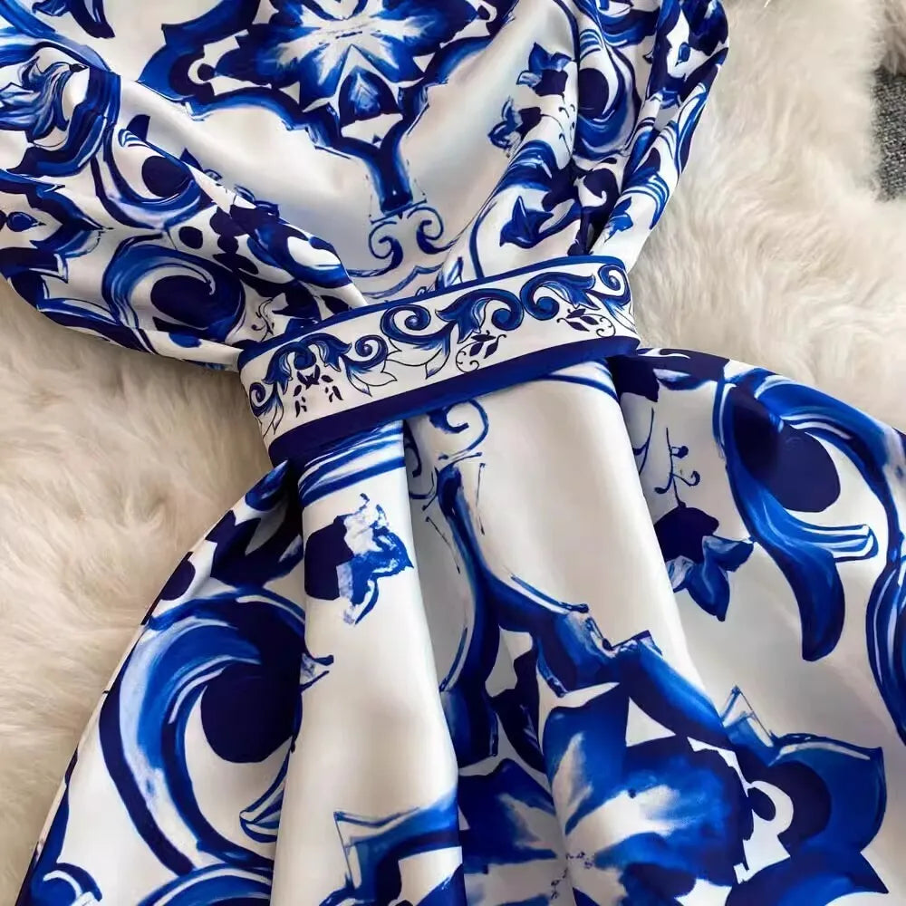 2025 Summer Blue White Porcelain Print Long Dress Shirt Women Single Breasted Flying Sleeve Elegant Floral Party Maxi Vestidos-Style Heaven