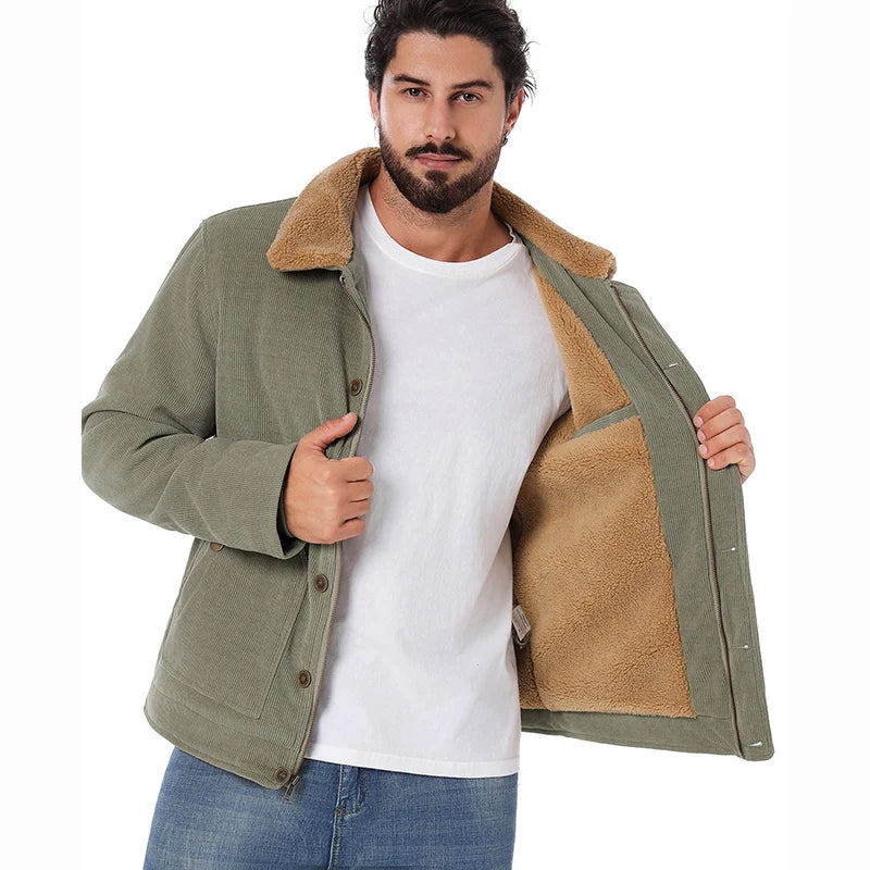 Men's Winter Corduroy Jacket Fleece Warm  Lined Cargo Work Jacket Casual Thick Sherpa Collar Trucker Deck Navy Coats-Style Heaven