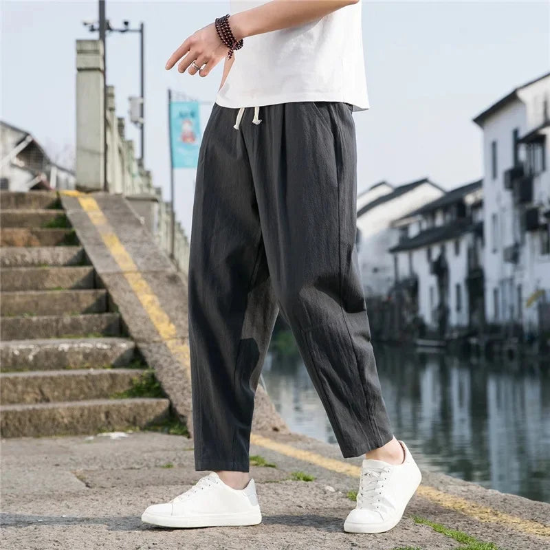 New Style Men's Cotton Linen Pants Summer Thin Loose Fit Bell Bottoms Casual Pants Simple Cropped Pants For Men - Clothing in ##color## by Style Heaven | High-Quality & Trendy Fashion