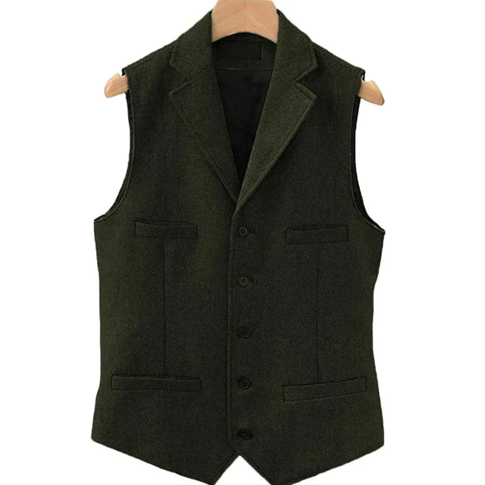 Tweed Herringbone Mens Suit Vest Slim Fit Notch Lapel With 4 Pockets Groomsmen Wedding Waistcoat For Wedding-Style Heaven