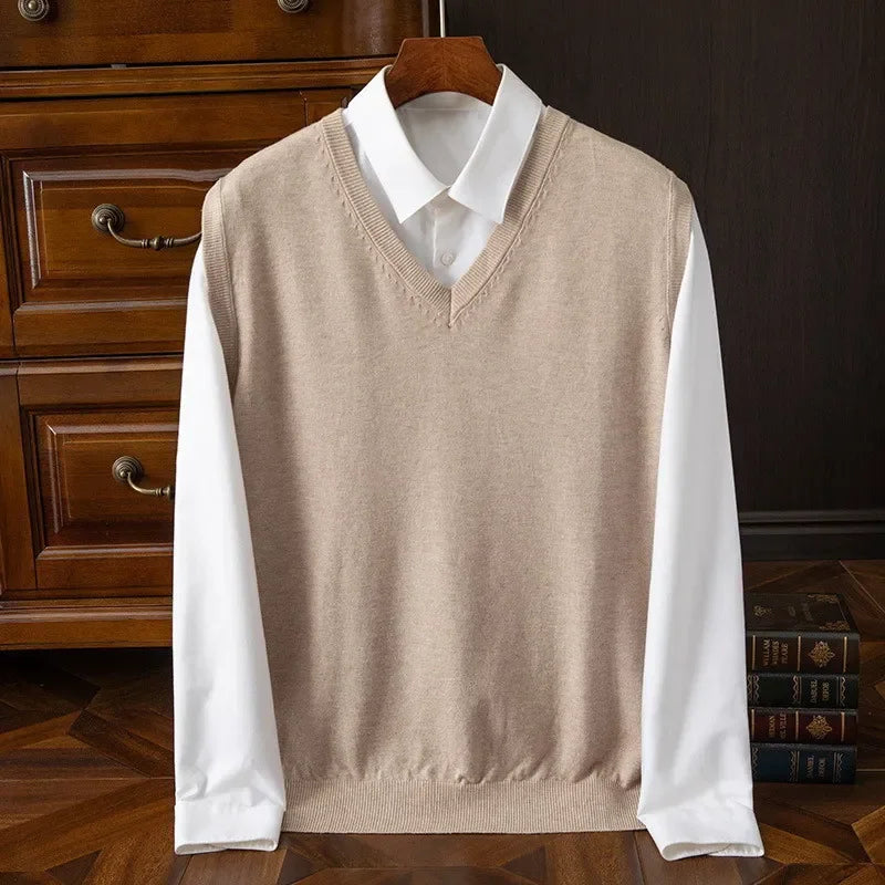 Cashmere Knitted Sweater Vest Men's Clothing V-neck Solid Color Pullover Camisole Bottom Spring Autumn Tops-Style Heaven