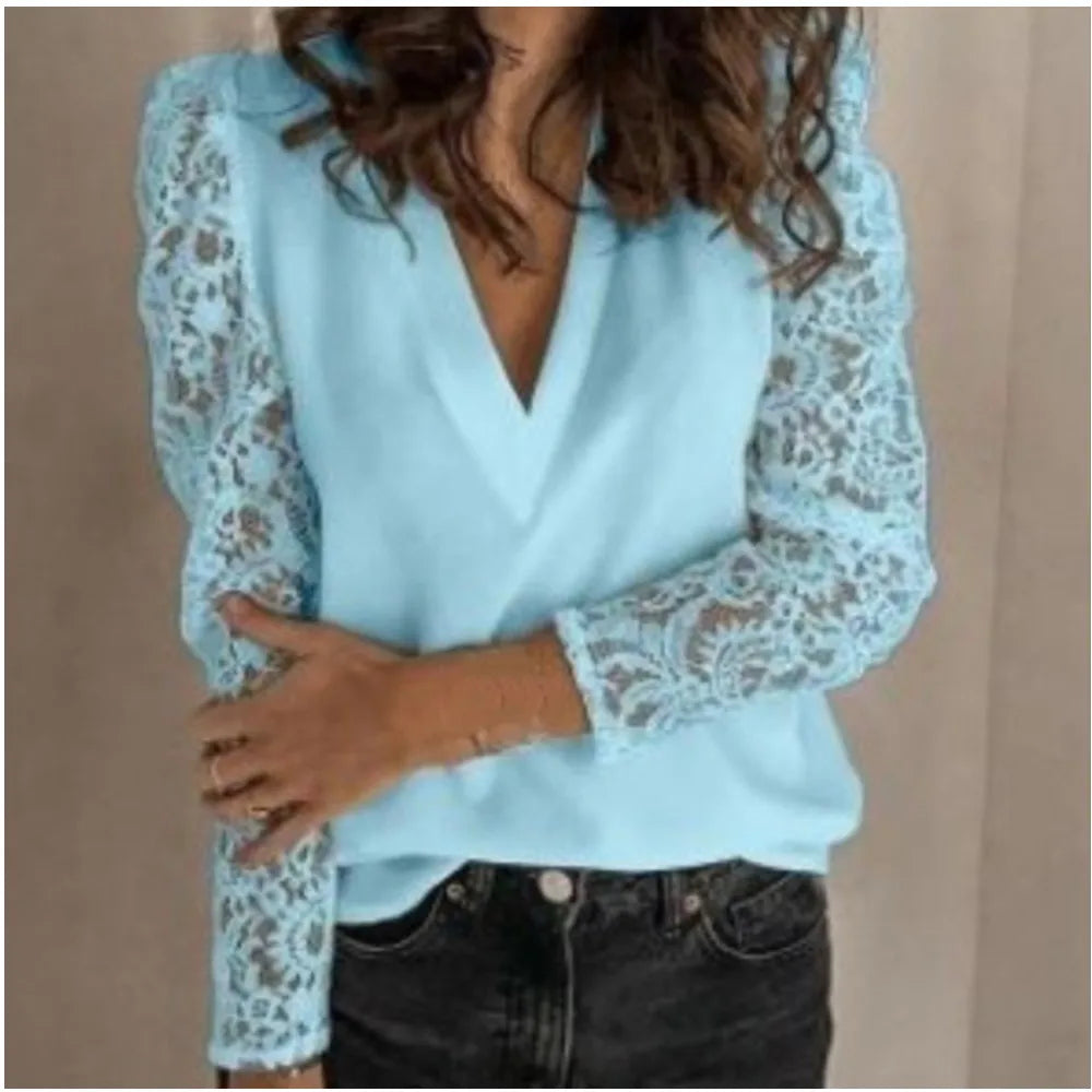 Spring/Summer New V-neck Commuter Shirt Spliced with Lace Solid Casual Long Sleeve Slim Fit Bottom for Women's Wear-Style Heaven