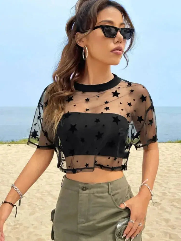 Summer Outfits Star Print Drop Shoulder Crop Mesh Top Without Camisole-Style Heaven